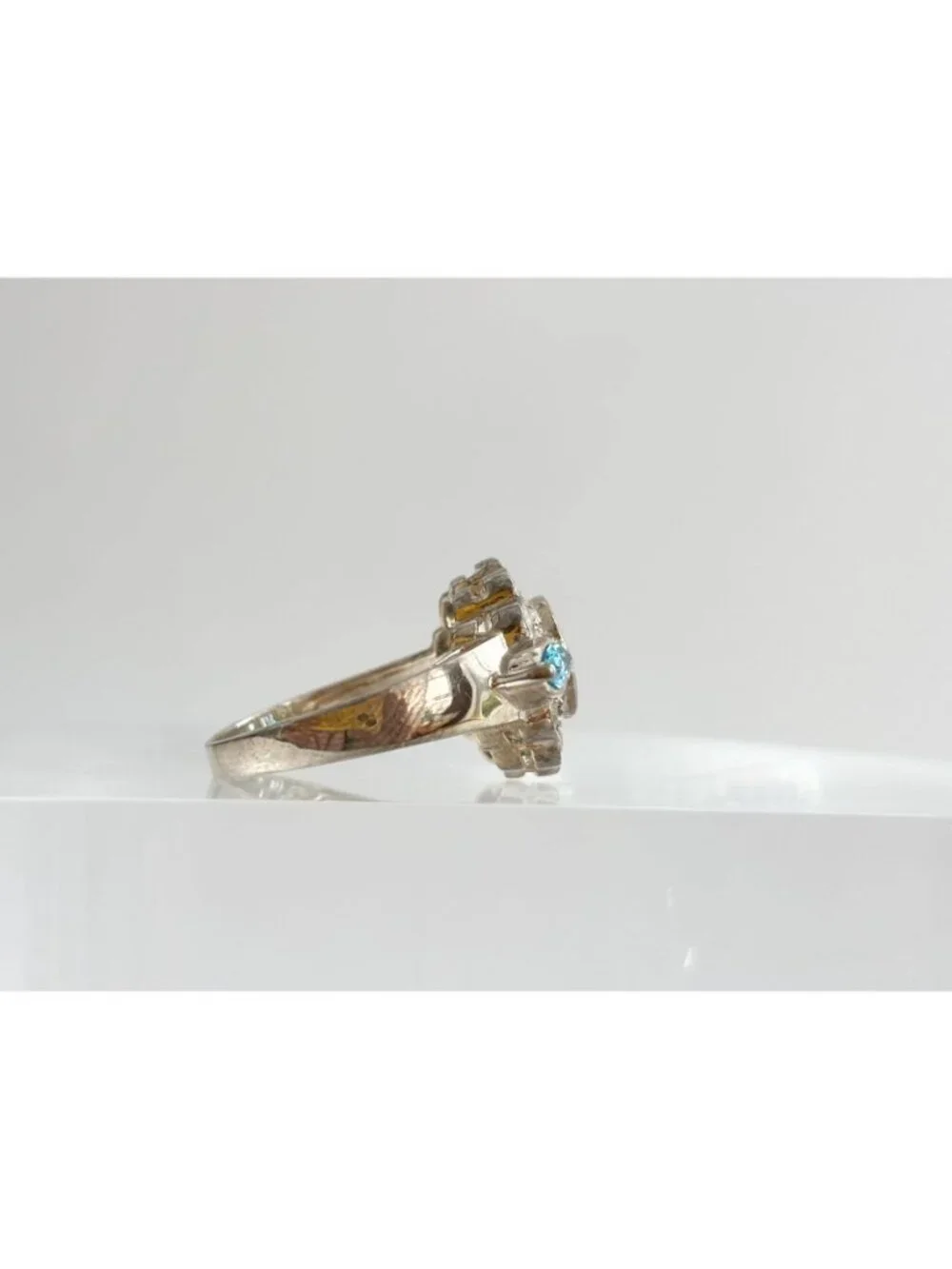 Clear & Blue Topaz Scalloped Gemstone Sterling Silver 925 Vintage Ring - sz 9